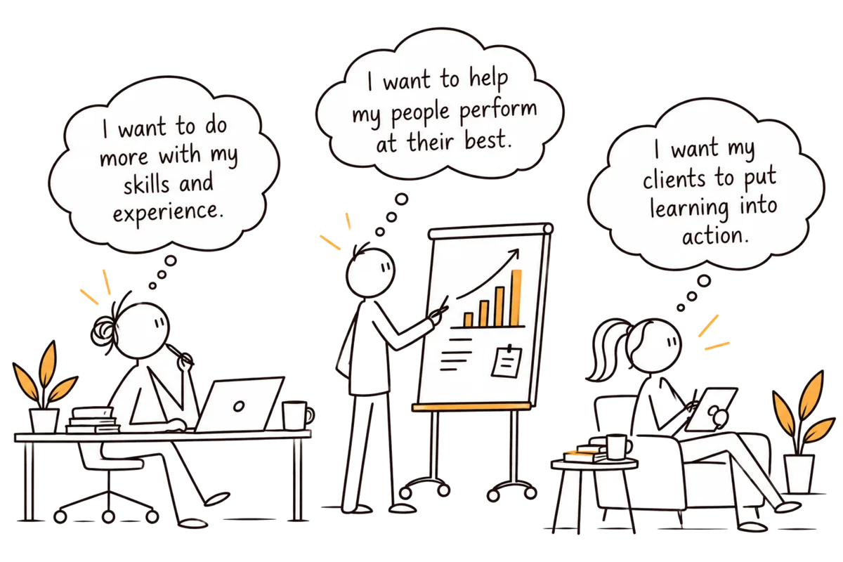 Three people thinking about doing more with their skills, helping their people perform at their best, and putting learning into action