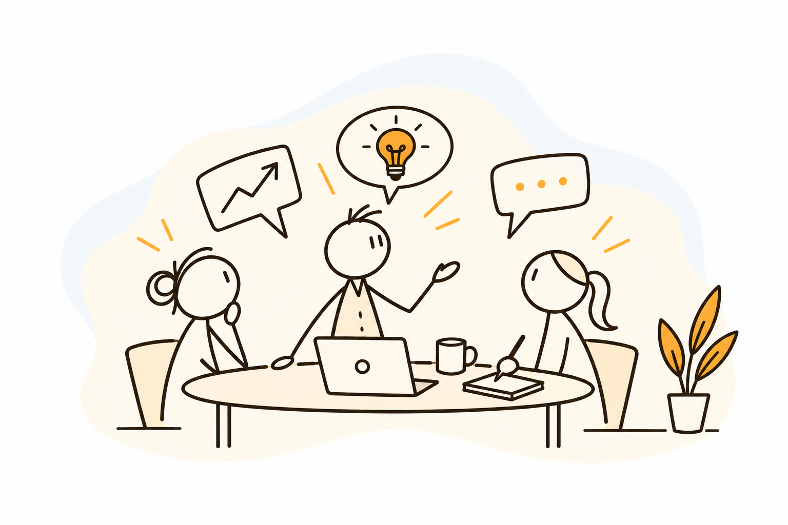 Three colleagues sharing ideas around a table