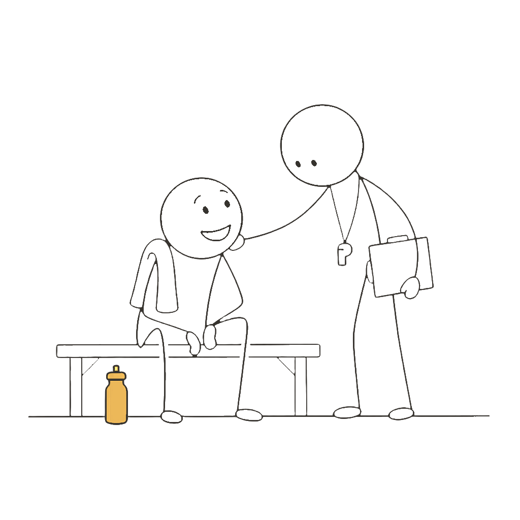 Hand-drawn sketch of a coach motivating a person sitting upright on a bench, looking up with an upward orange arrow above them.