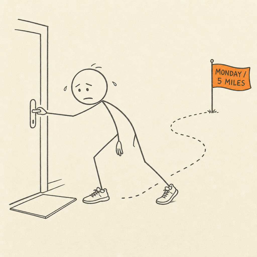 Hand-drawn sketch of an exhausted runner reaching a front door, with a dotted path trailing back to a flag marked Monday, five miles away.