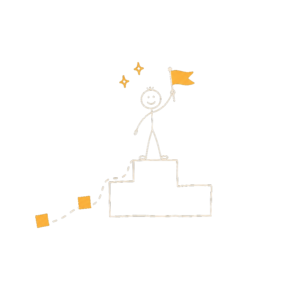 Hand-drawn sketch of a stick person standing on a winners podium holding an orange flag, with a dotted path and sparkles showing the way forward.