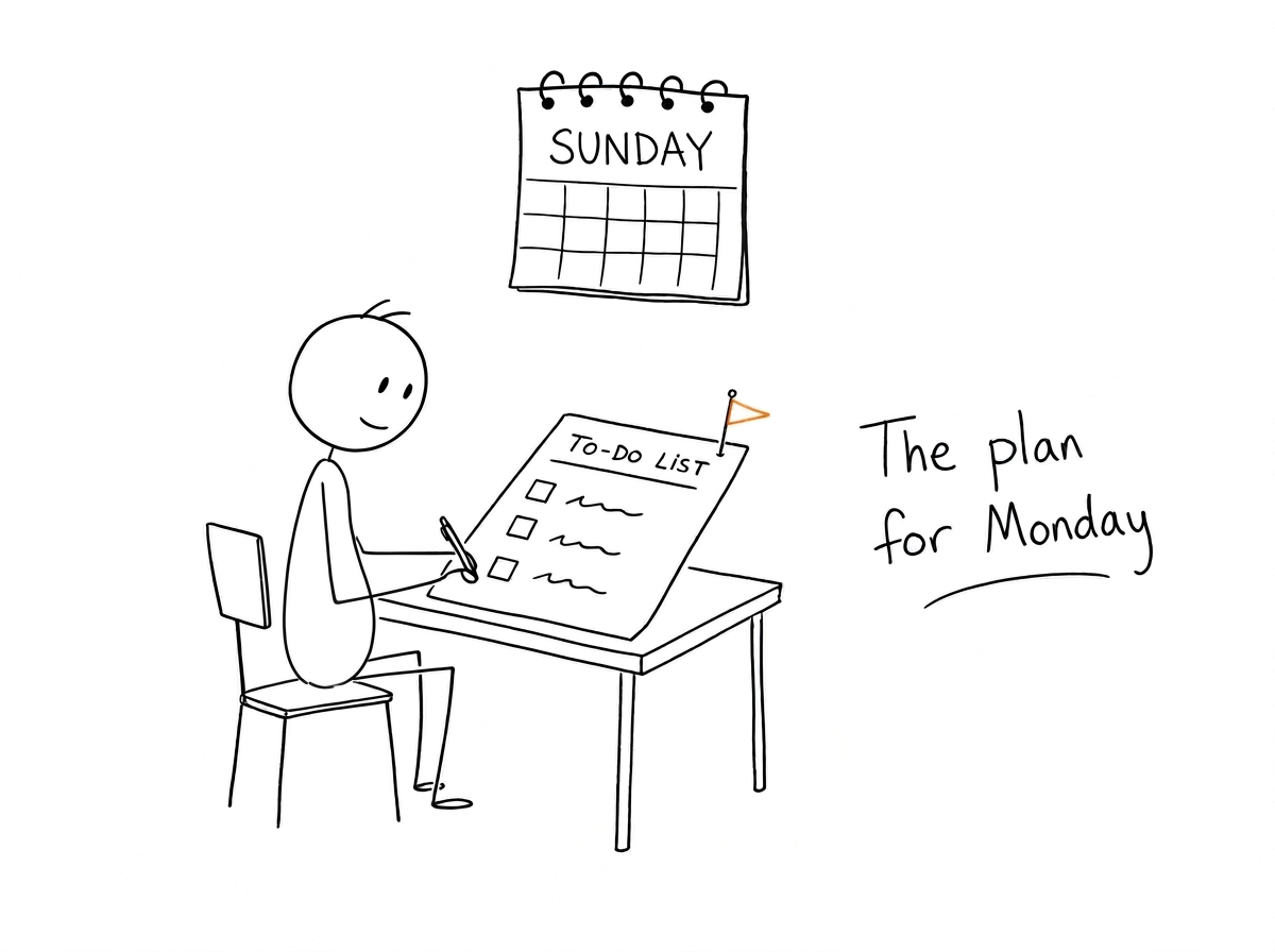 Hand-drawn sketch of a person at a desk writing a to-do list under a Monday calendar